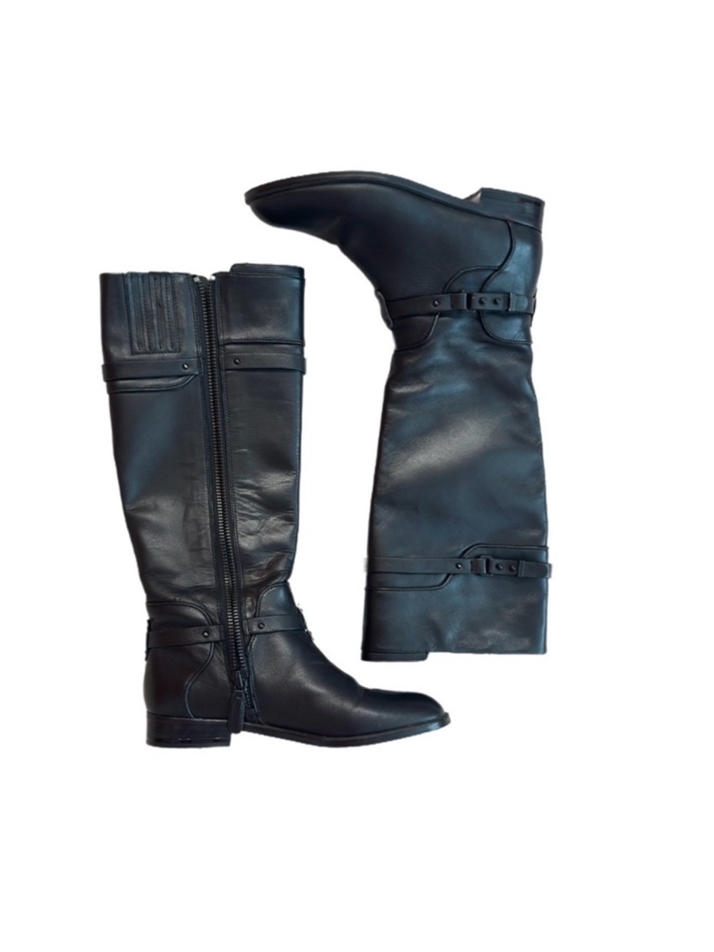 #72 BCBG MAX ARIZA ~ Black Leather Knee-High Full Zipper Adjustable Riding Boots